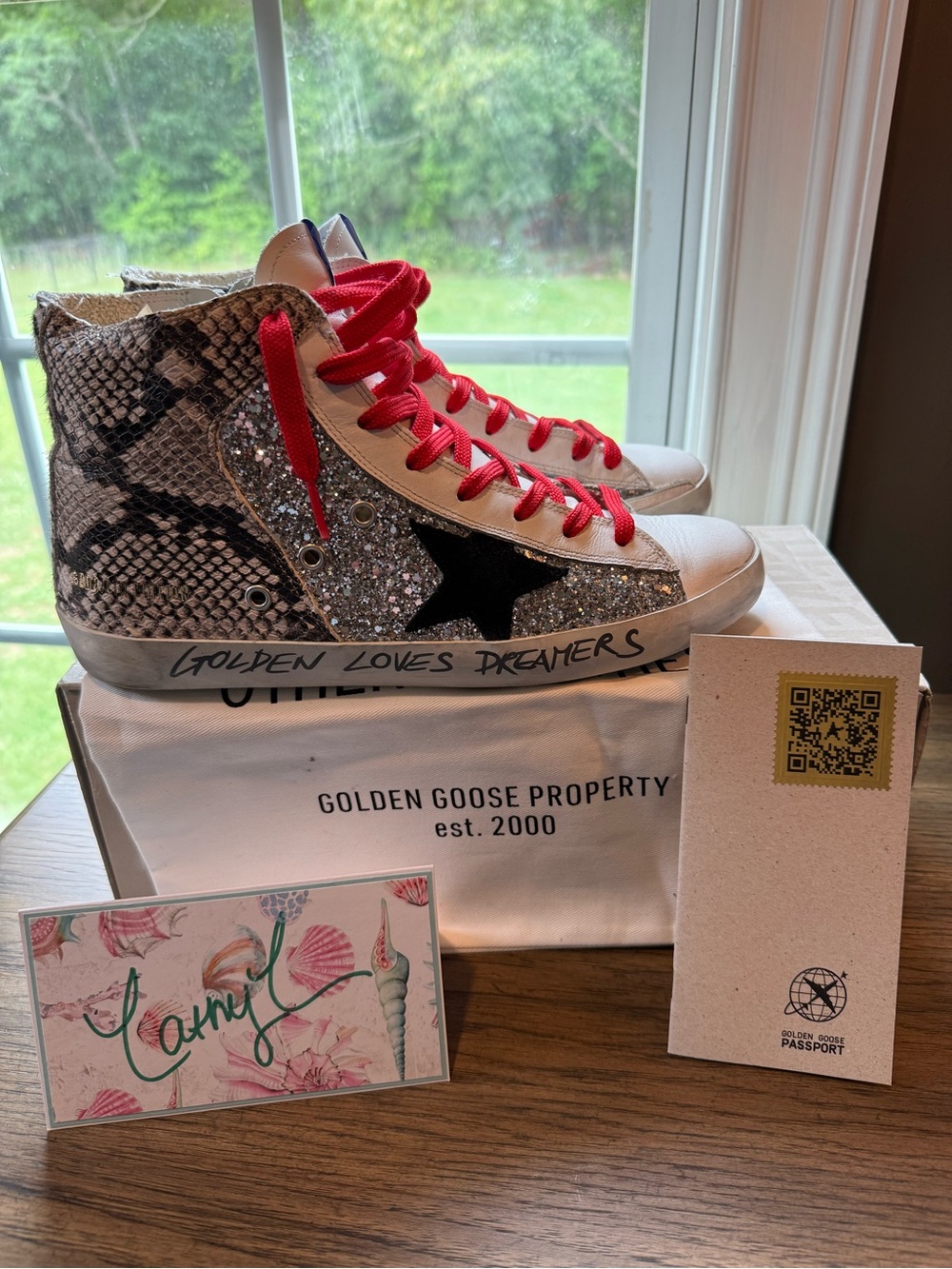 Golden Goose Silver Glitter & Snake-Print with Red Laces Francy